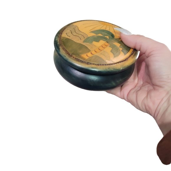 wooden hand carved tropical themed round box container with shells sand dollar - Picture 3 of 10